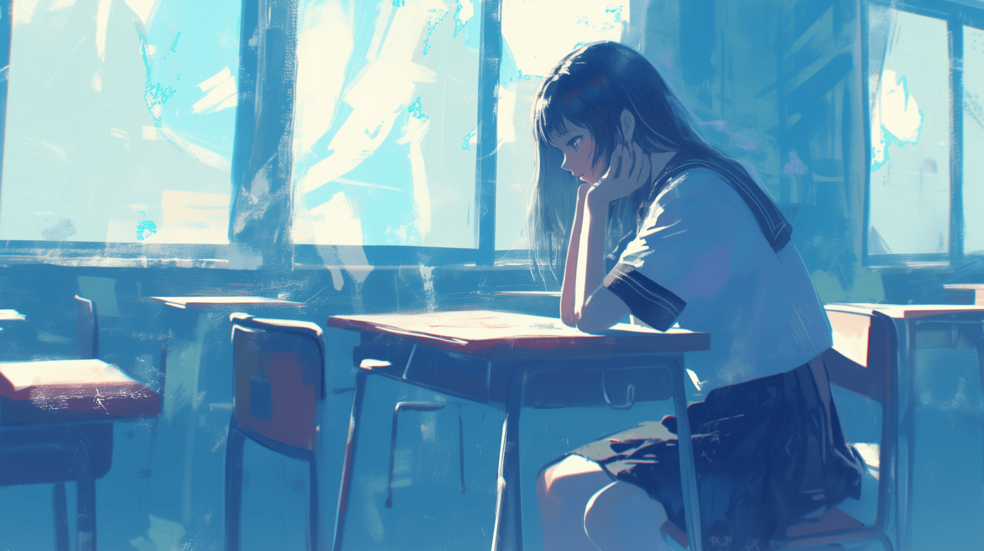 1920x1076 Melancholy Classroom: Student at Dusk (HD Anime Wallpaper)