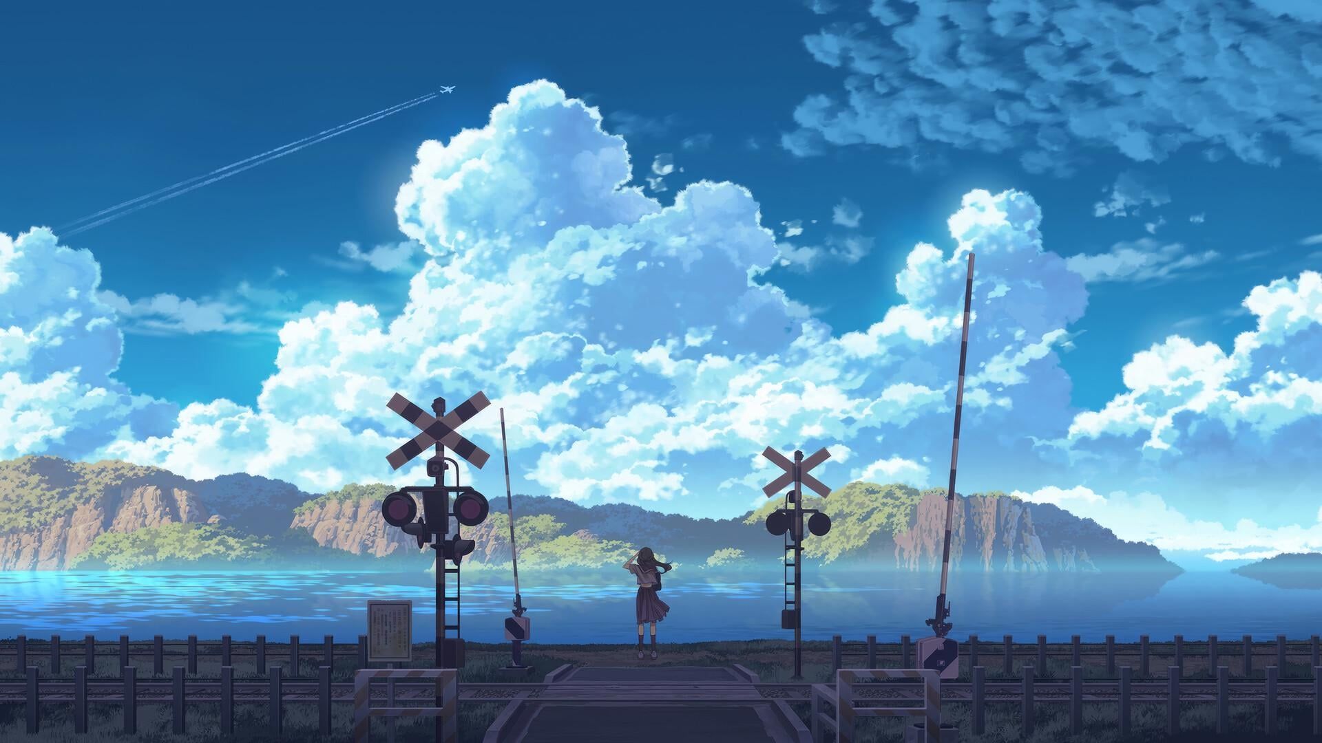 1920x1080 Anime Girl Student Gazing at the Sky with Clouds [1920x1080]