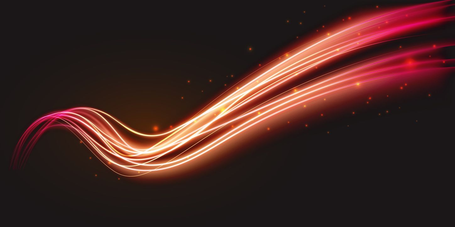 1448x724 Luminous neon shape wave, abstract light effect vector illustration. Wavy glowing bright flowing curve lines, magic glow energy stream motion with particle isolated on dark black background