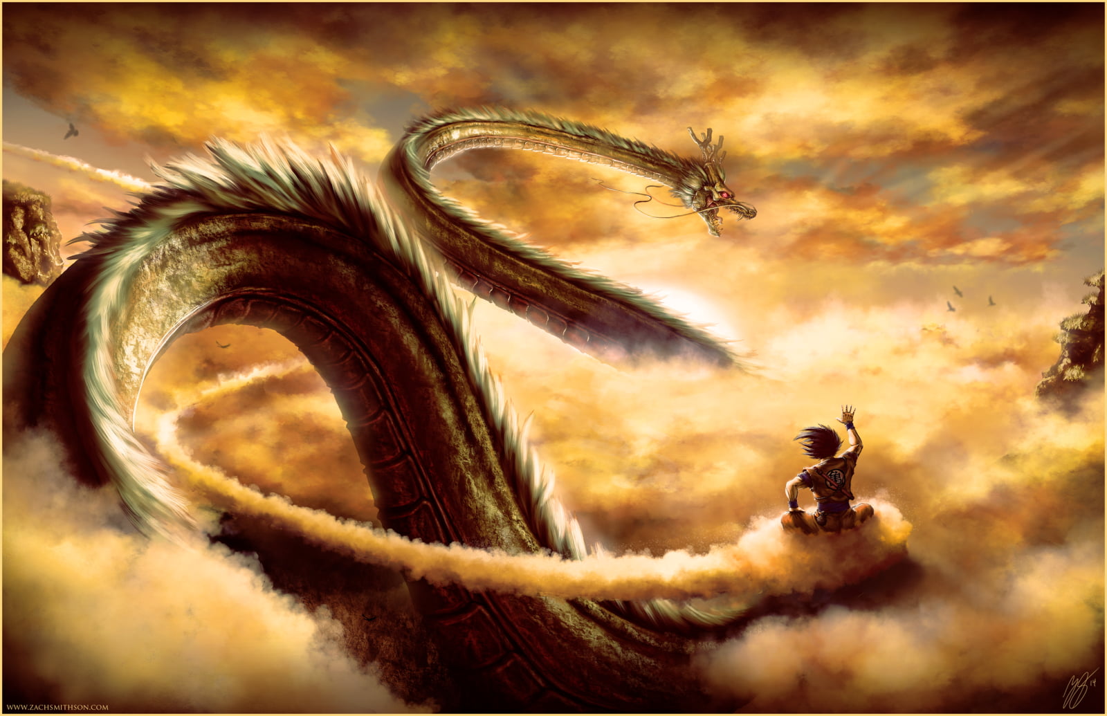 1600x1035 Goku riding on nimbus cloud with Shen Long digital wallpaper, Dragon Ball HD wallpaper