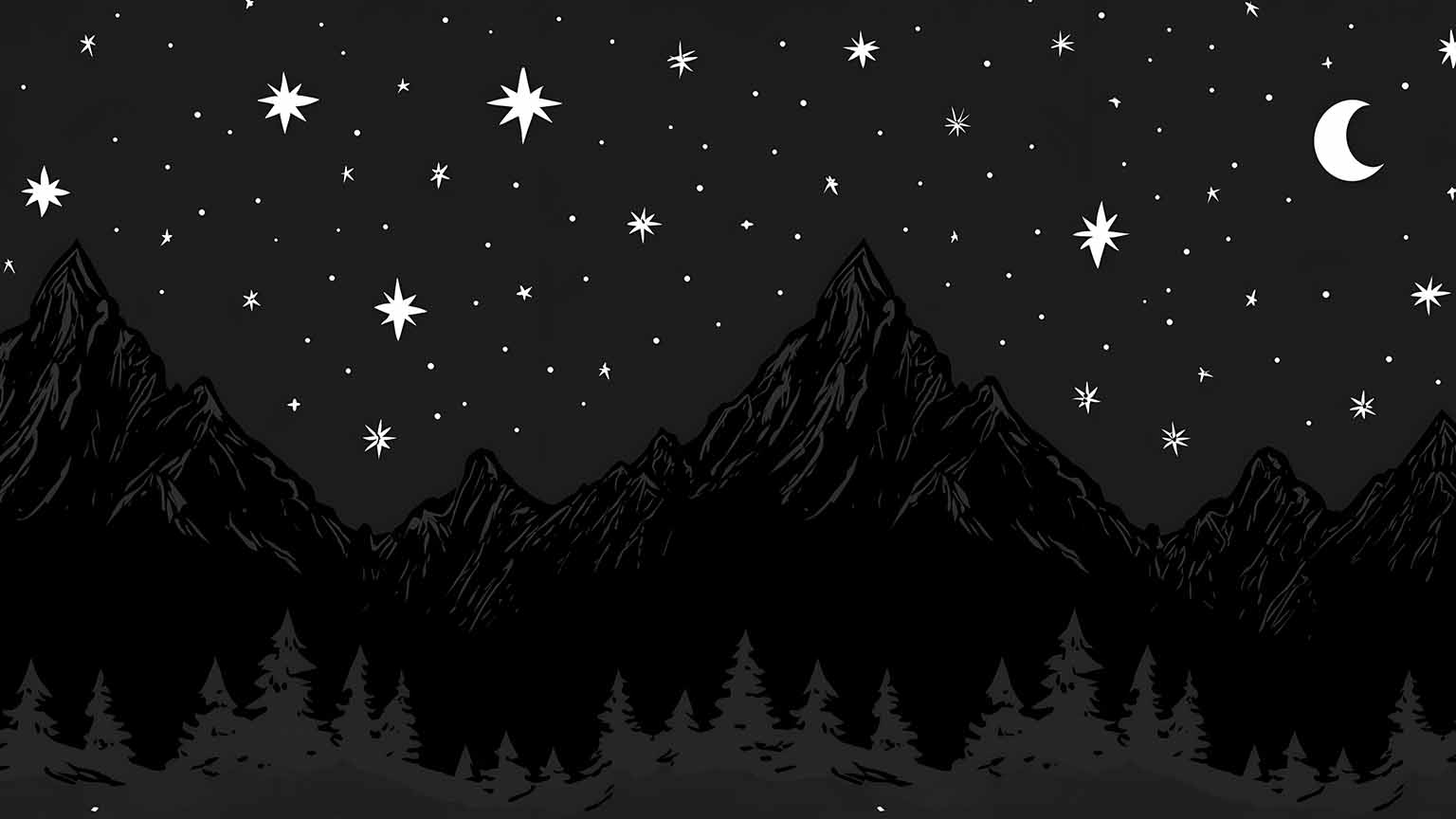 1536x864 Dark Mountain Range Starry Night Crescent Moon Wallpaper 4k