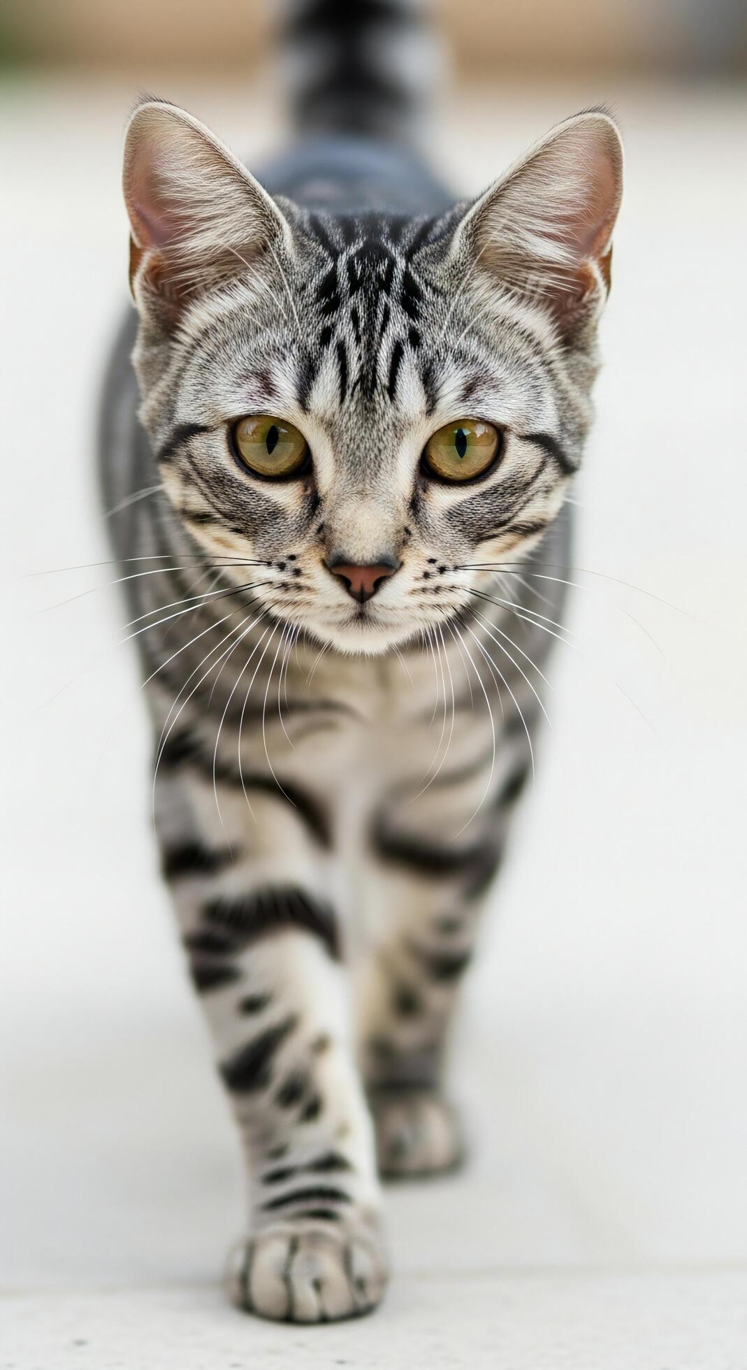 1069x1960 Cat background, Cat wallpaper, Close up frontal view of a grey tabby cat walking showcasing its distinct markings and green eyes