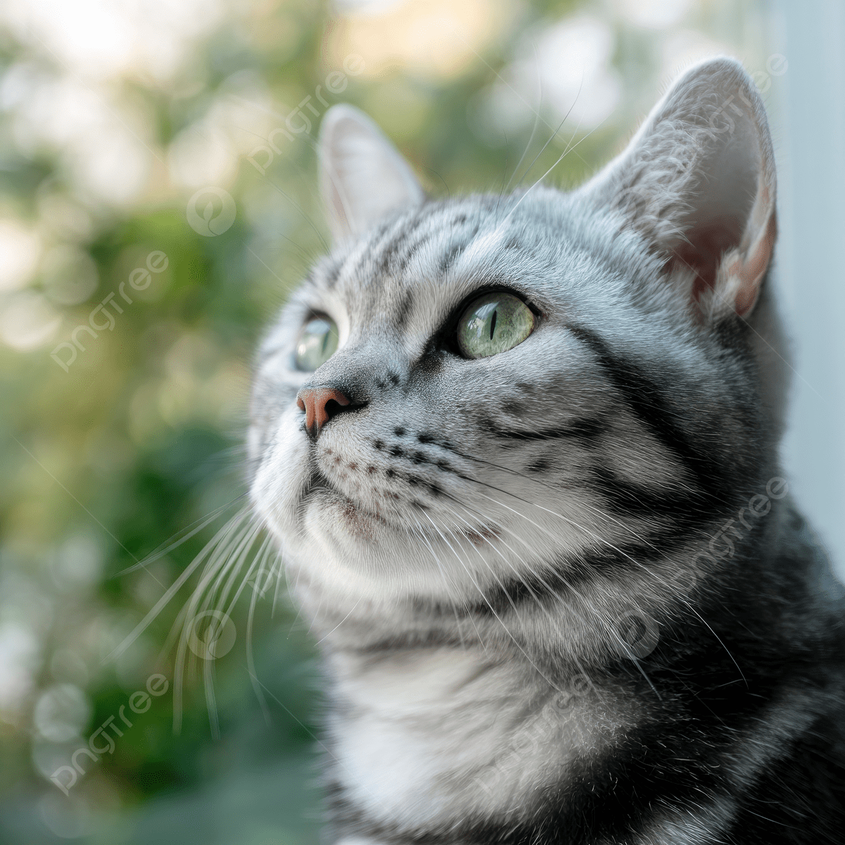 1200x1200 A Silver Tabby American Shorthair Cat Sitting By The Window With Its Head Tilted Up And Looking At Something Outside Glass Bokeh Background, Silver, Tabby, Cat Background Image And Wallpaper for Free