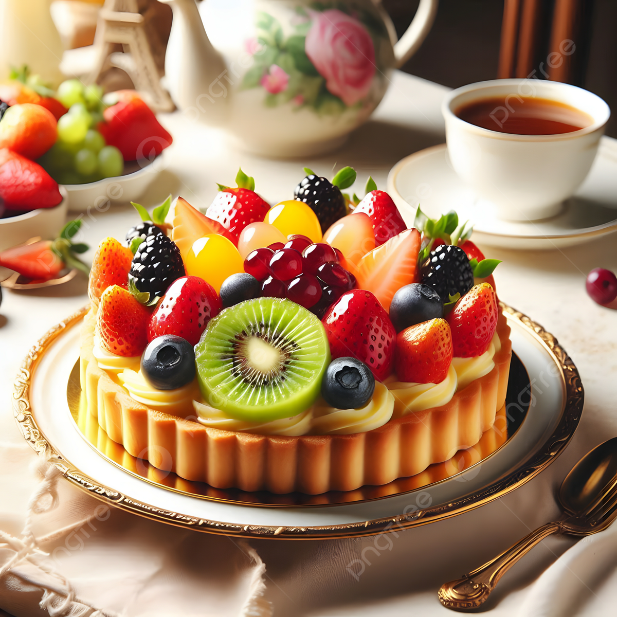 1200x1200 Elegant Fruit Tart With Tea, Classic Dessert Setting, Ruit Tart, Elegant Dessert Background Image And Wallpaper for Free Download
