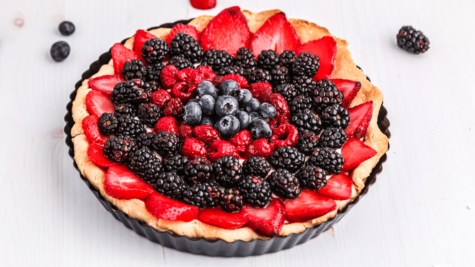 1600x900 Red White & Blue Fruit Tart. Patriotic Dessert for Memorial Day & July 4th