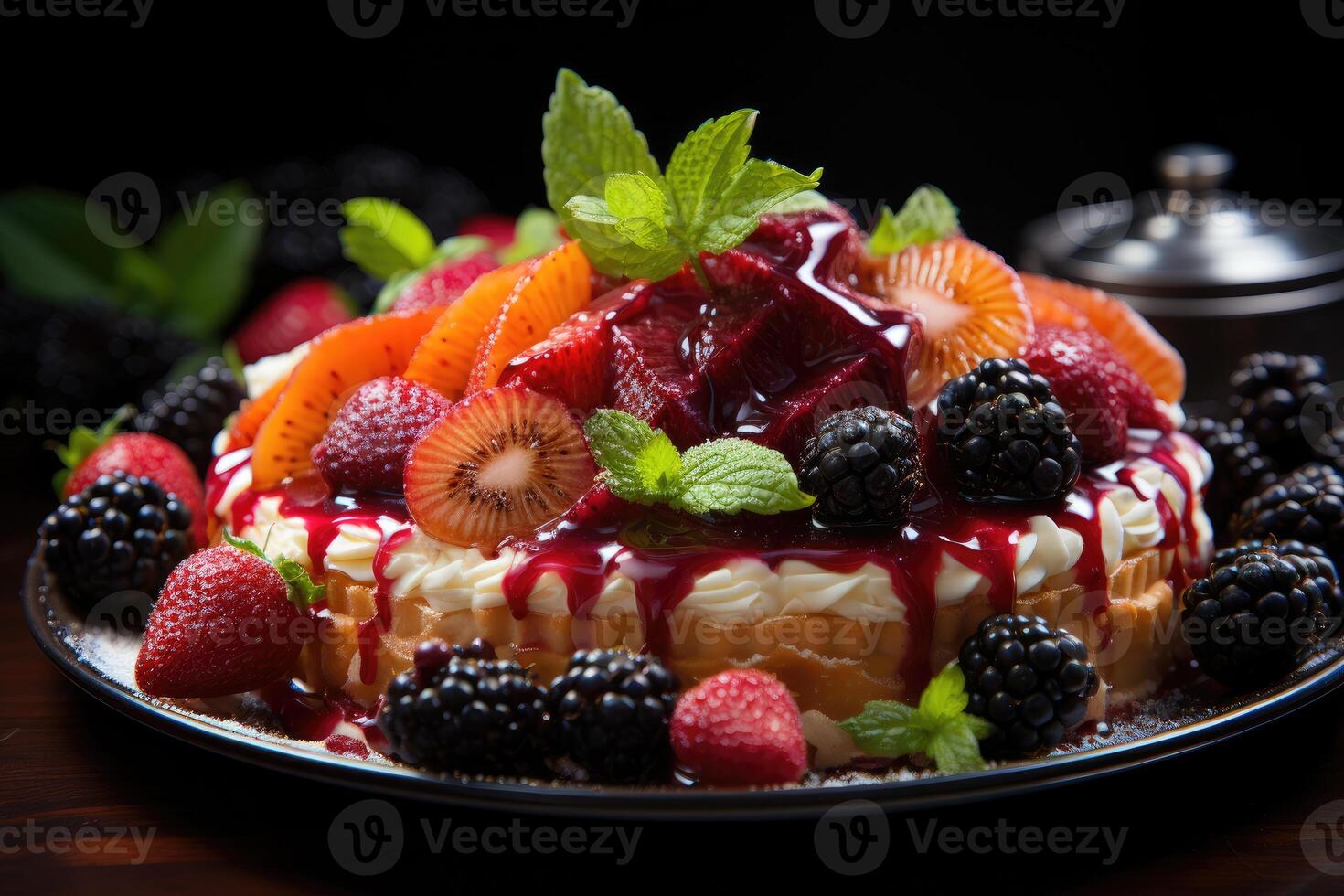 1470x980 Fruit Tart with Kiwi, Cherry, Persimmon, Put on Steel Strip On the wooden bench With a black background