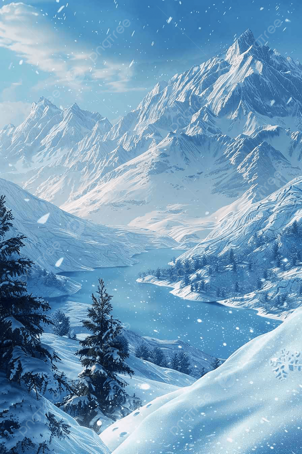 1200x1800 Beautiful A Snowy Mountain Landscape With Lake And Mountains In The Background Wallpaper Image For Free Download