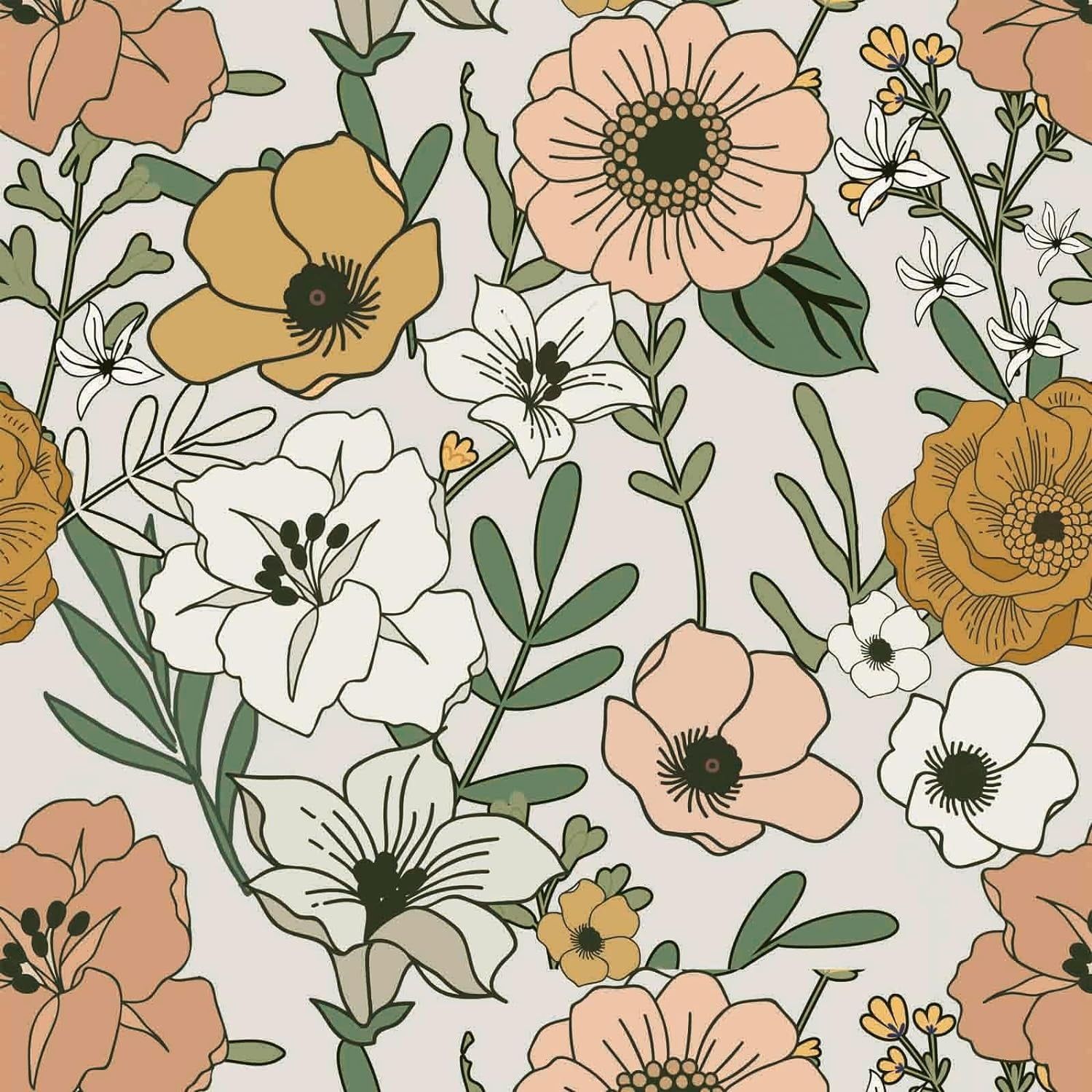 1500x1500 UMIGGEE Vintage Floral Peel And Stick Wallpaper Boho Retro Removable Contact Paper Vinyl Self Adhesive Flower Wallpaper For Bathroom Bedroom White Sand Oliva 17.7 In X 118 In