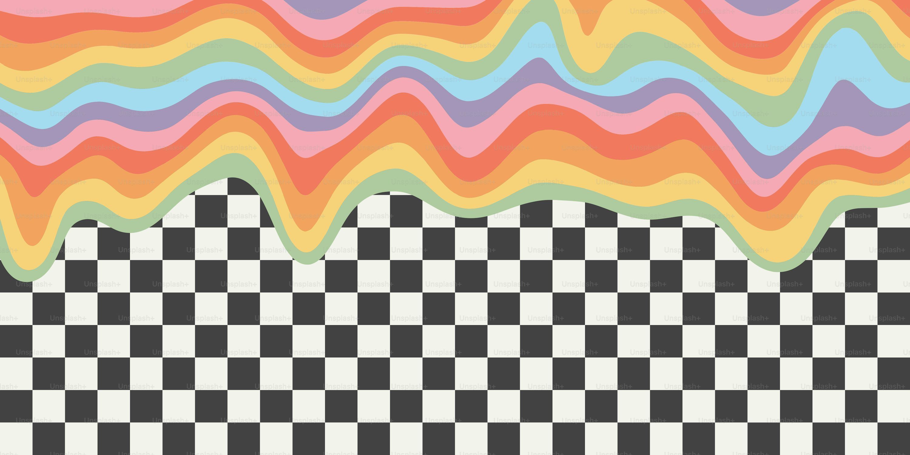 3000x1500 Retro rainbow dripping on black and white checkered background. Trendy distorted colorful texture in vintage y2k style. Psychedelic hippie pattern, trippy acid poster. vector