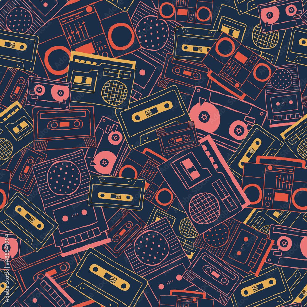 1000x1000 Vector nostalgic 80s 90s retro cassette tape, boombox, tape player, tape recorder seamless repeat pattern background. Perfect for fabric, wallpaper, wrapping paper, scrapbooking projects. Stock Vector