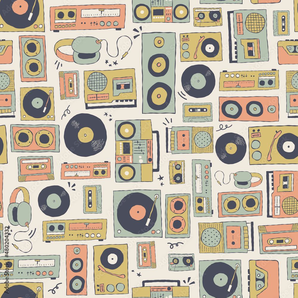 1000x1000 Stockvector Vector retro music players and technology seamless repeat pattern background. Perfect for fabric, wallpaper, wrapping paper, scrapbooking projects