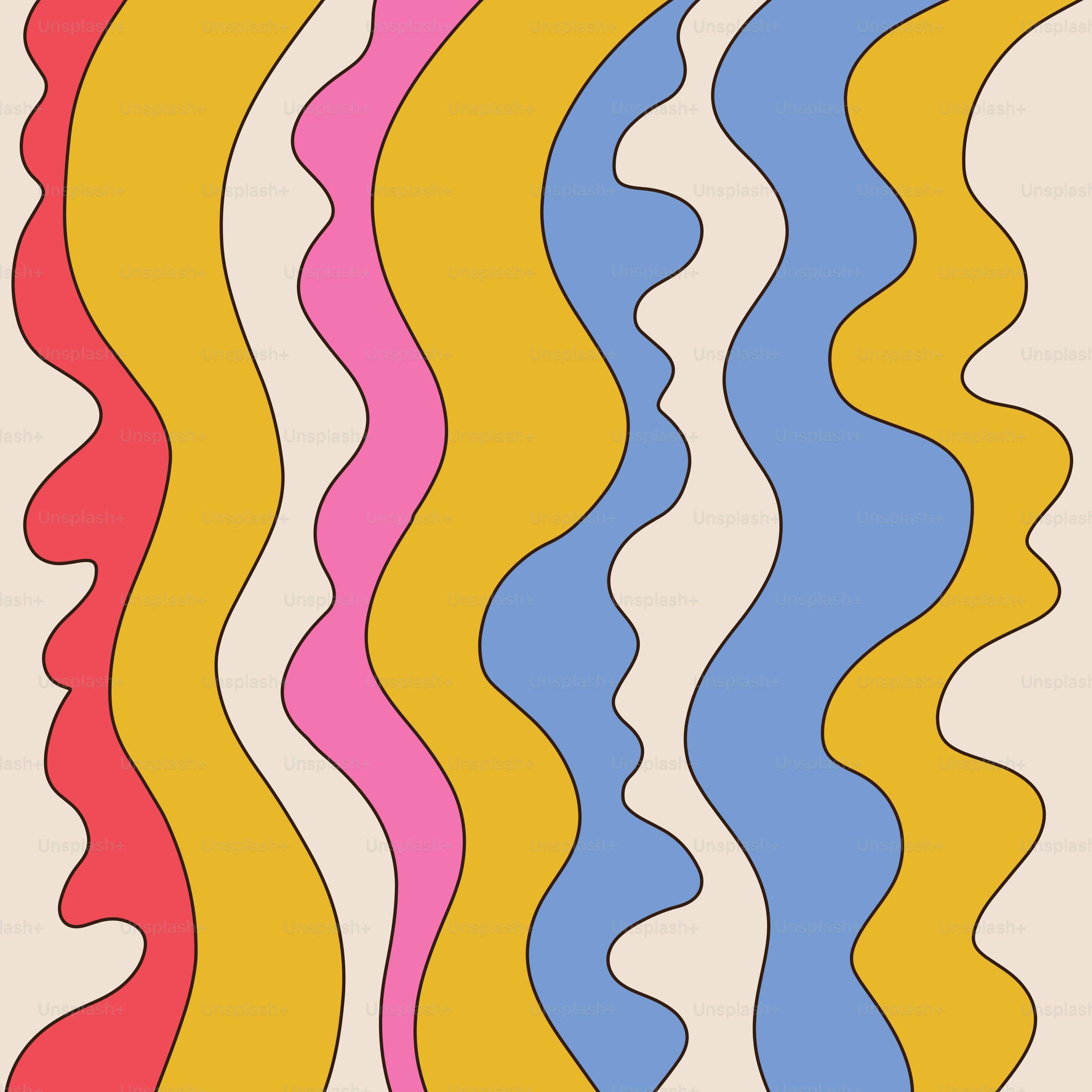 3000x3000 1960s Background With Liquid Groovy Lines. Vvintage Style Backdrop With Pink, Orange, Purple And Yellow Retro Stripes. Poster, Gift Card, T Shirt, Stationery. Hand Drawn Linear Vector Illustration Vector