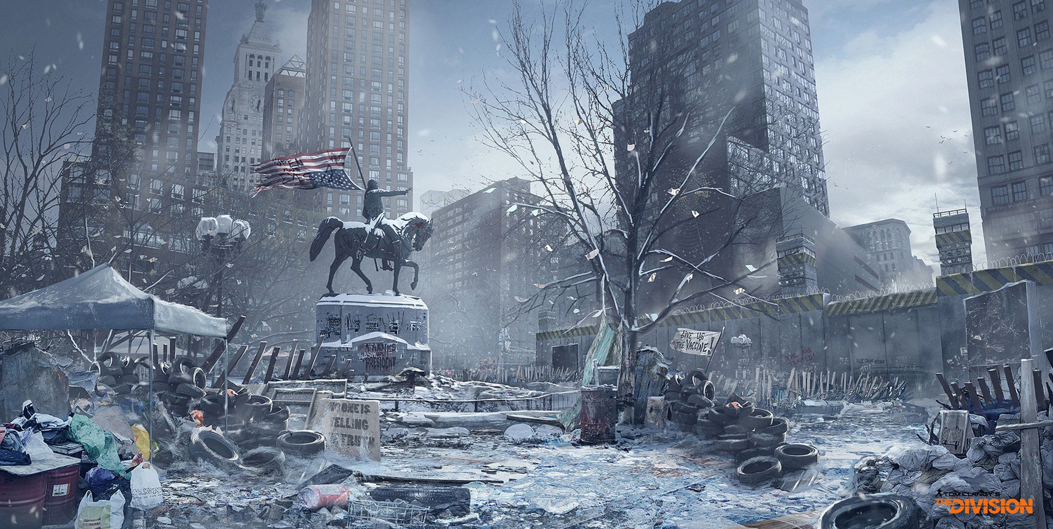 2149x1080 Wallpaper winter, snow, the city, horse, monument, Tom Clancy's The Division, The Division for mobile and desktop, section игры, resolution 2149x1080