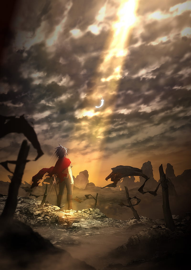 800x1131 Shironeko project, anime boy, war field, sunrays, clouds, scenery, Anime, HD phone wallpaper