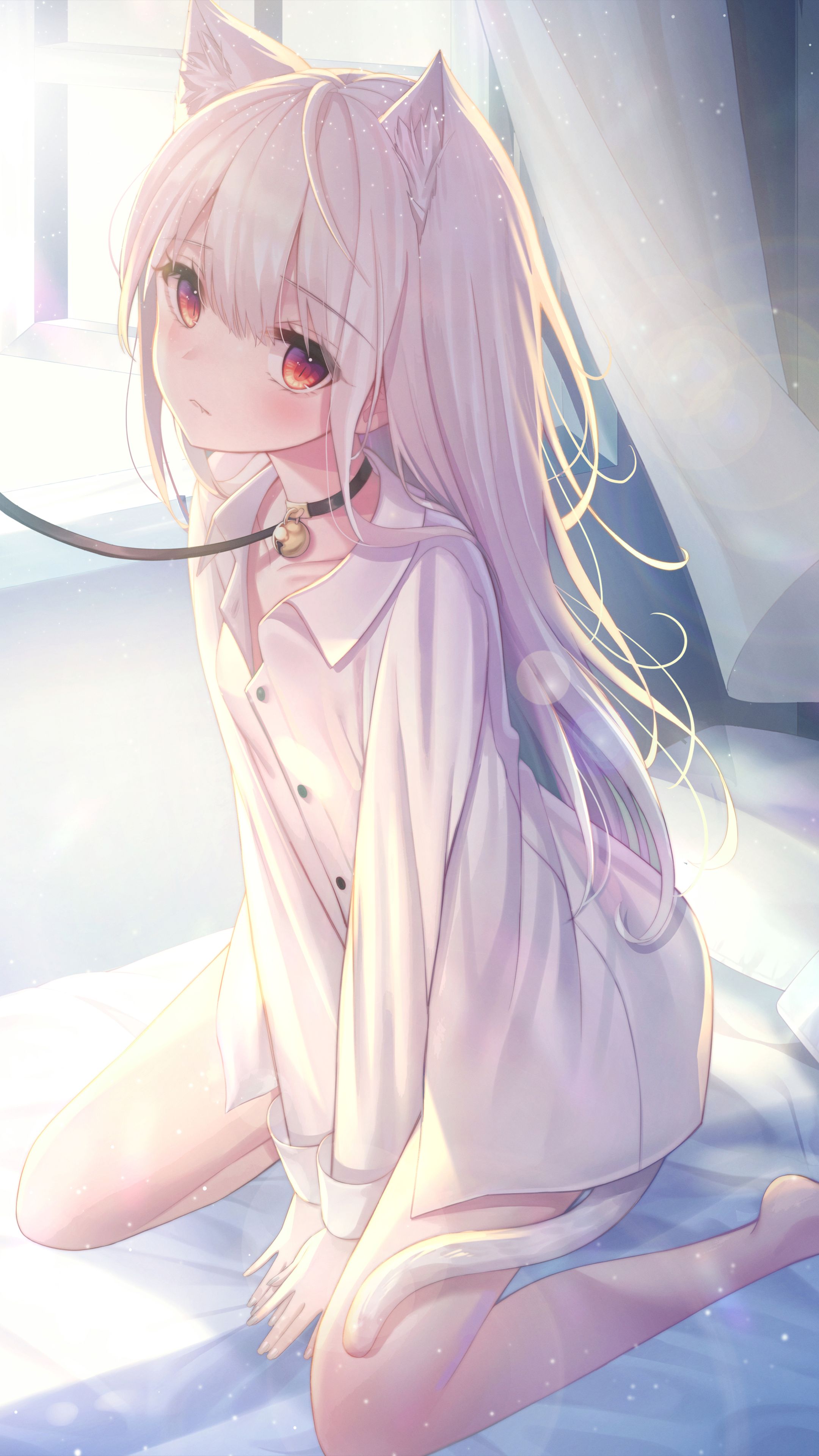 2160x3840 Phone wallpaper: Cat Girl, Tail, Anime, Original, Animal Ears, Red Eyes, White Hair, Long Hair 1343234