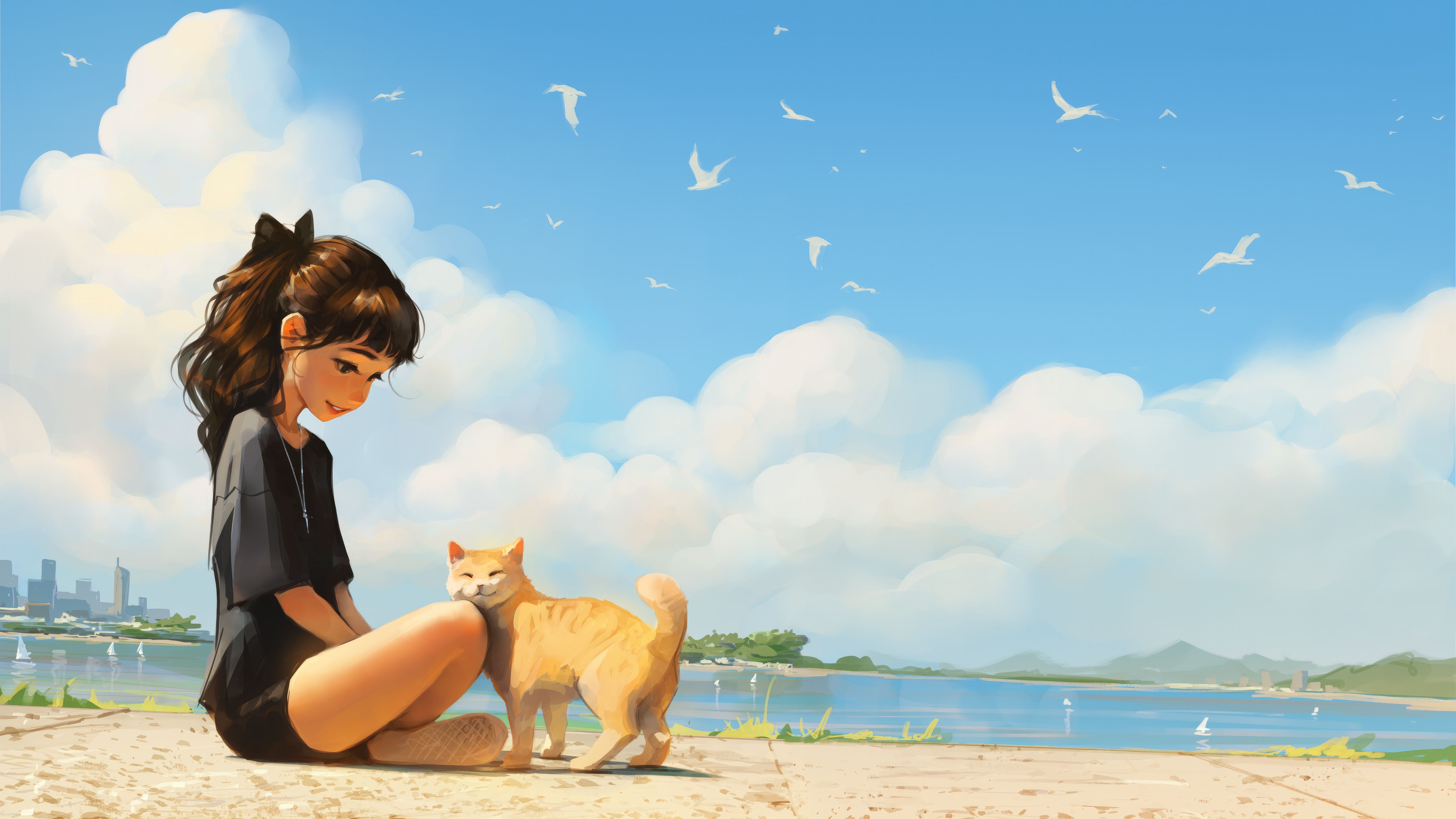 5120x2880 Cat And Anime Girl Enjoying A Sunny Beach Day Wallpaper, HD Anime Wallpaper, 4k Wallpaper, Image, Background, Photos and Picture