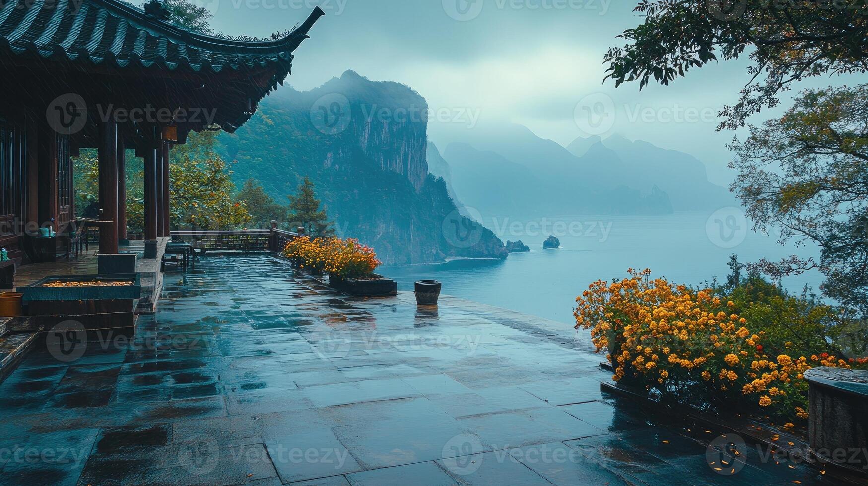 1749x980 Traditional chinese temple overlooking misty mountain lake after rain