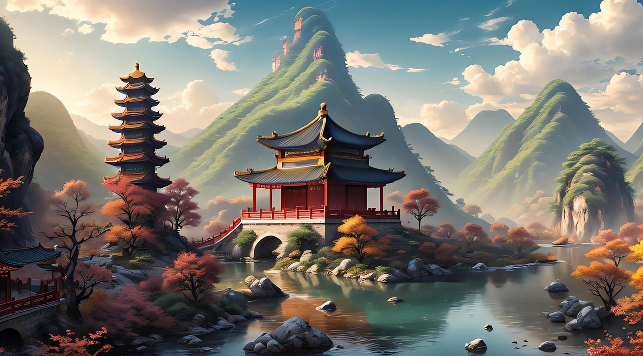 1280x710 Download Ai Generated Temple Mountains. Royalty Free Stock Illustration Image