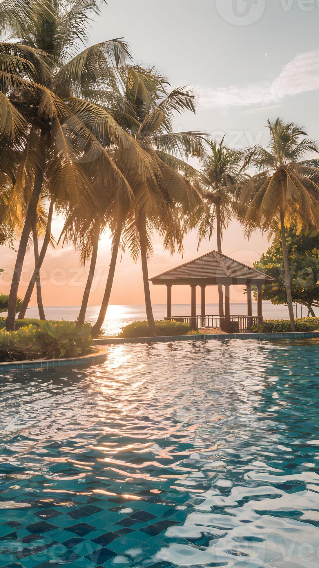 1100x1960 Luxury pool at sunset reflects golden light, palms complete tropical view Vertical Mobile Wallpaper