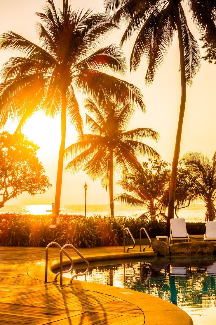 740x1110 Sunset by tropical resort pool Image
