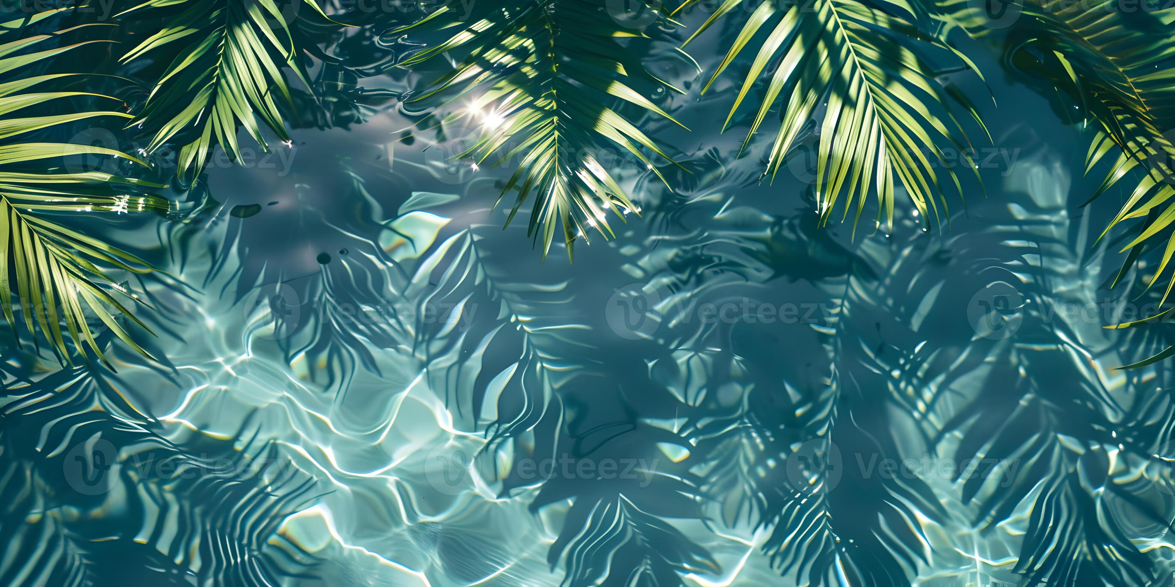 3920x1960 Tropical palm leaves with shadow on blue water surface in swimming pool. Summer vacation at the beach, recreation, tourism and sea travel concept. Beautiful abstract background with copy space. 46359822
