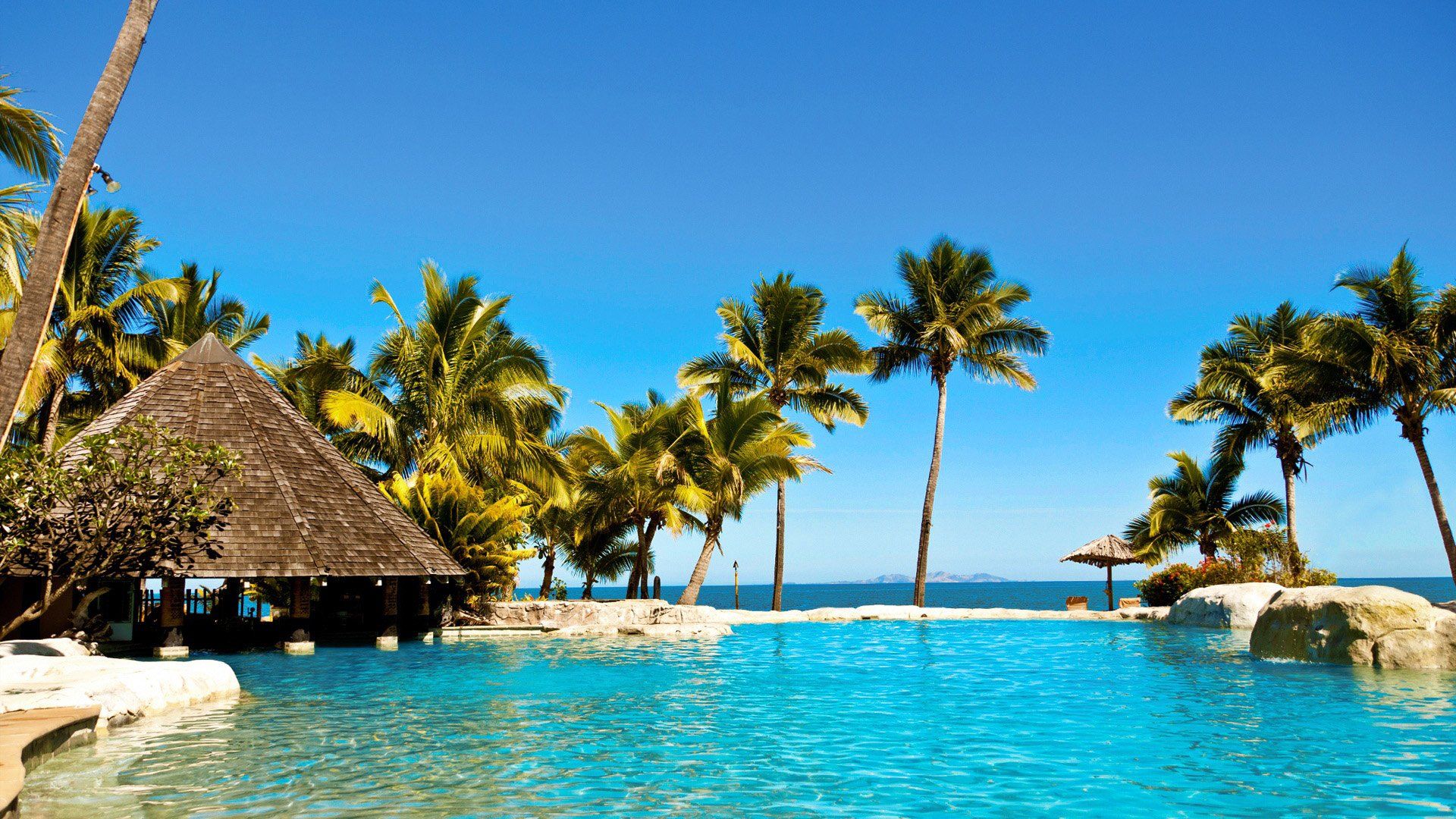 1920x1080 Download Palm Tree Pool Turquoise Ocean Fiji Tropical Man Made Resort HD Wallpaper