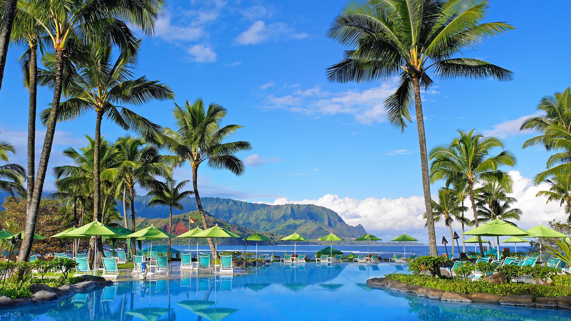 1920x1080 Hawaii Hotel Mountain Palm Tree Pool Resort With Reflection HD Travel Wallpaper
