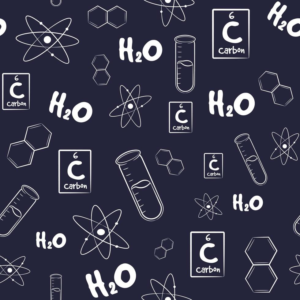 980x980 Seamless pattern with chemistry elements and sketches. Repetitive background with test tubes, formulas, elements and atoms. Science and research wallpaper