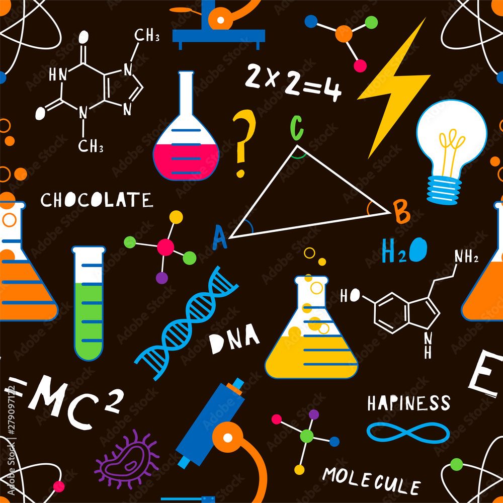 1000x1000 Science Lesson Flat Vector Seamless Pattern. Chemistry, Biology, Physics School Subject Background. Flasks With Chemicals, Formula Backdrop. Wallpaper, Wrapping Paper, Textile Cartoon Minimal Design Stock Vektor