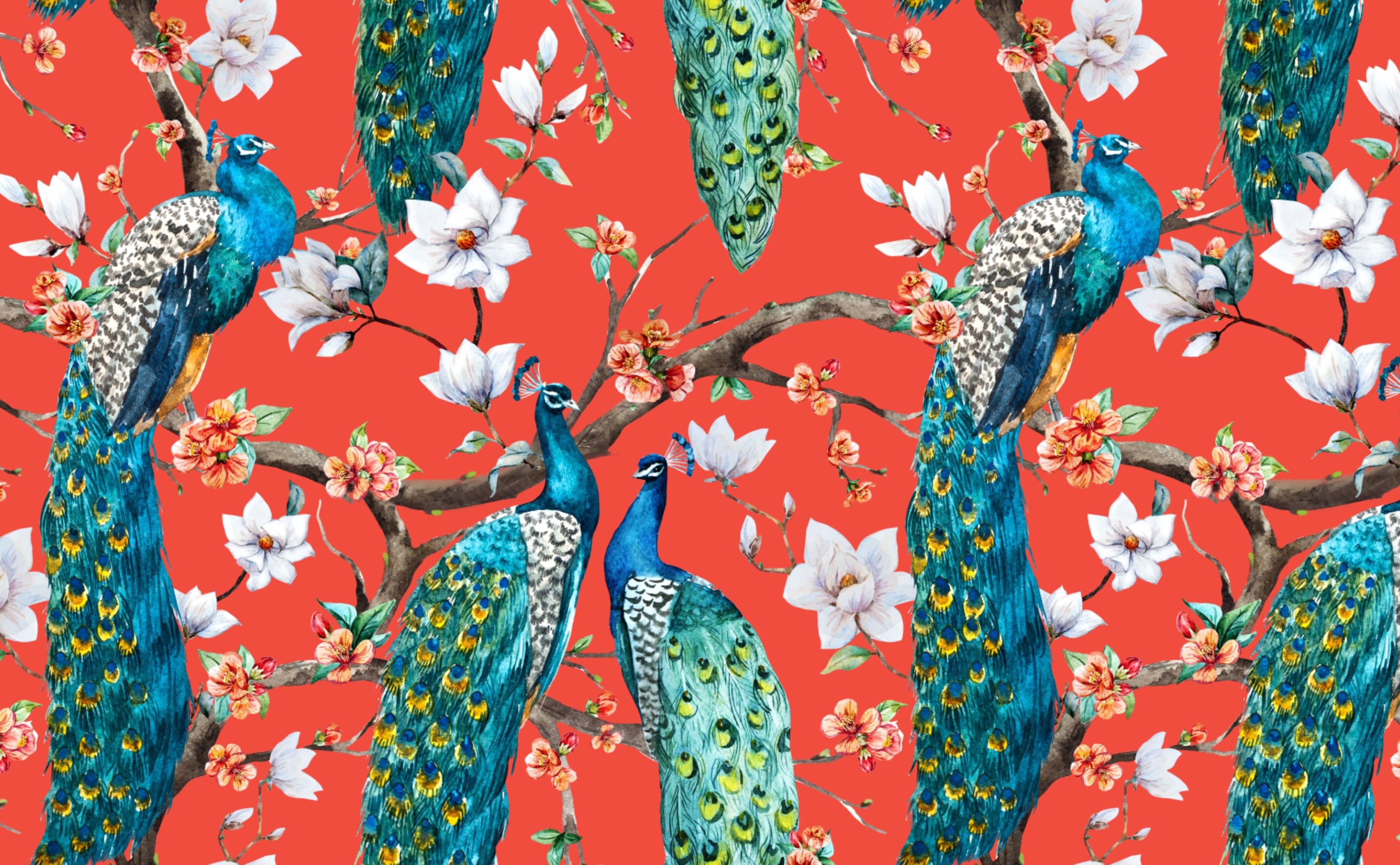 3028x1872 Victorian Peacocks on Red