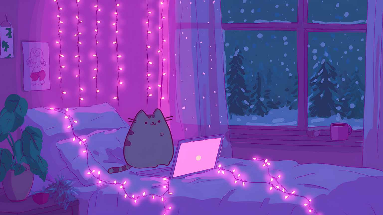 1536x864 Free Pusheen Using Laptop In Lofi Room Desktop Wallpaper