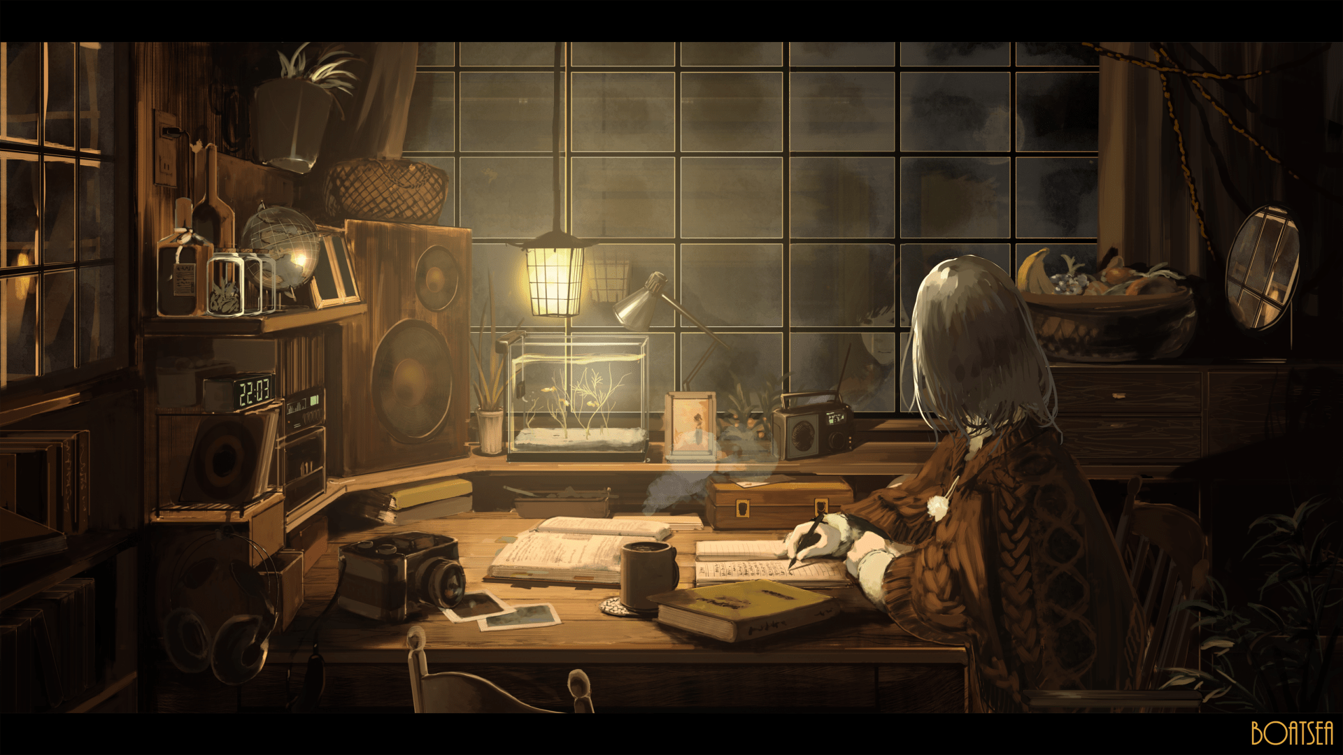 1920x1080 HD Wallpaper: Lofi Anime Room With White Haired Character