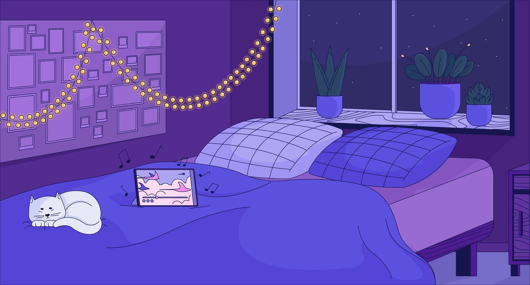 1820x980 Cat with woman falling asleep at music lofi wallpaper. Bedroom calming atmosphere 2D cartoon flat illustration. Love being at home alone chill art, lo fi aesthetic colorful background 47758629 Vector Art