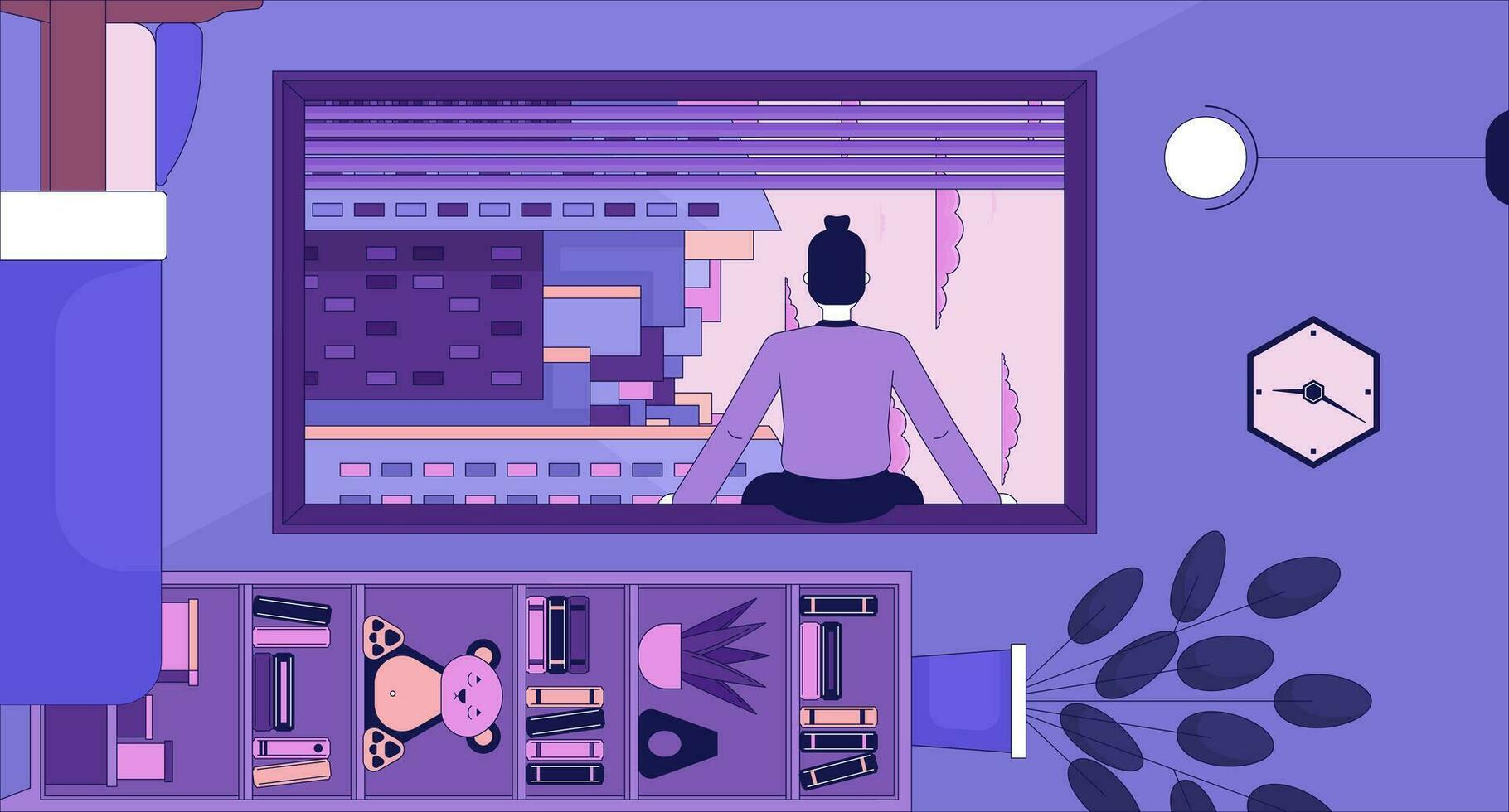 1820x980 Enjoying cityscape evening in inverted bedroom lofi wallpaper. Pensive man sitting on window sill 2D character cartoon flat illustration. Surreal chill vector art, lo fi aesthetic colorful background 29158210 Vector Art