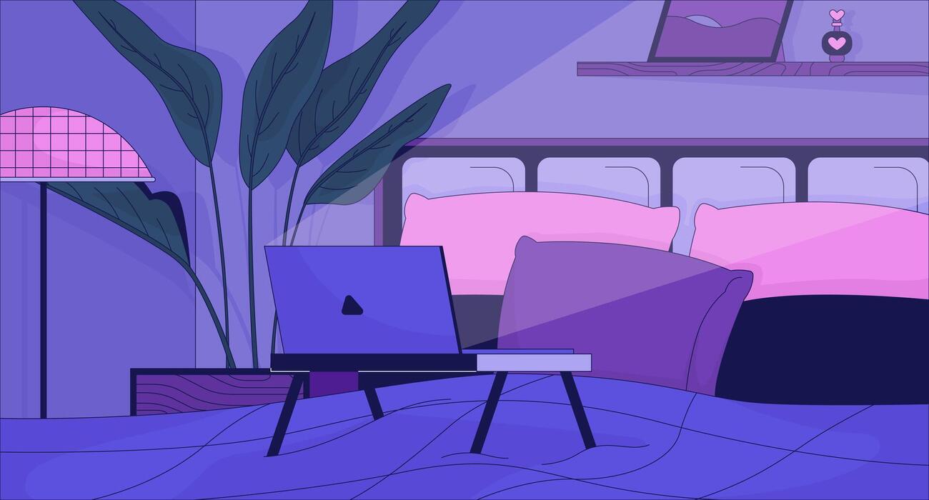 1300x700 Woman typing laptop in bed at late night lofi wallpaper. Midnight freelancer bedroom 2D cartoon flat illustration. Love being at home alone chill art, lo fi aesthetic colorful background 47758675 Vector Art