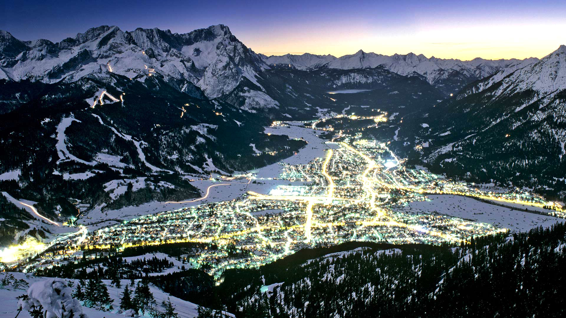 1920x1080 Wallpaper winter, mountains, lights, Germany, valley, Bayern, Garmisch- Partenkirchen for mobile and desktop, section пейзажи, resolution 1920x1080