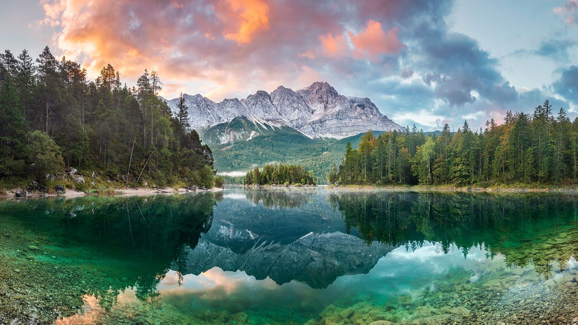 1920x1080 Mountain Peak Zugspitze, Summer Day At Lake Eibsee, Garmisch Partenkirchen, Bavaria, Germany. Windows Spotlight Image