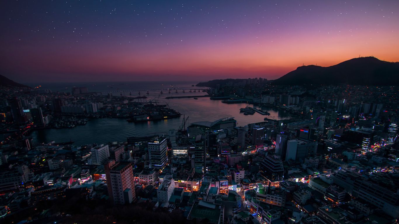 1366x768 Download wallpaper 1366x768 night city, aerial view, city lights, south korea tablet, laptop HD background