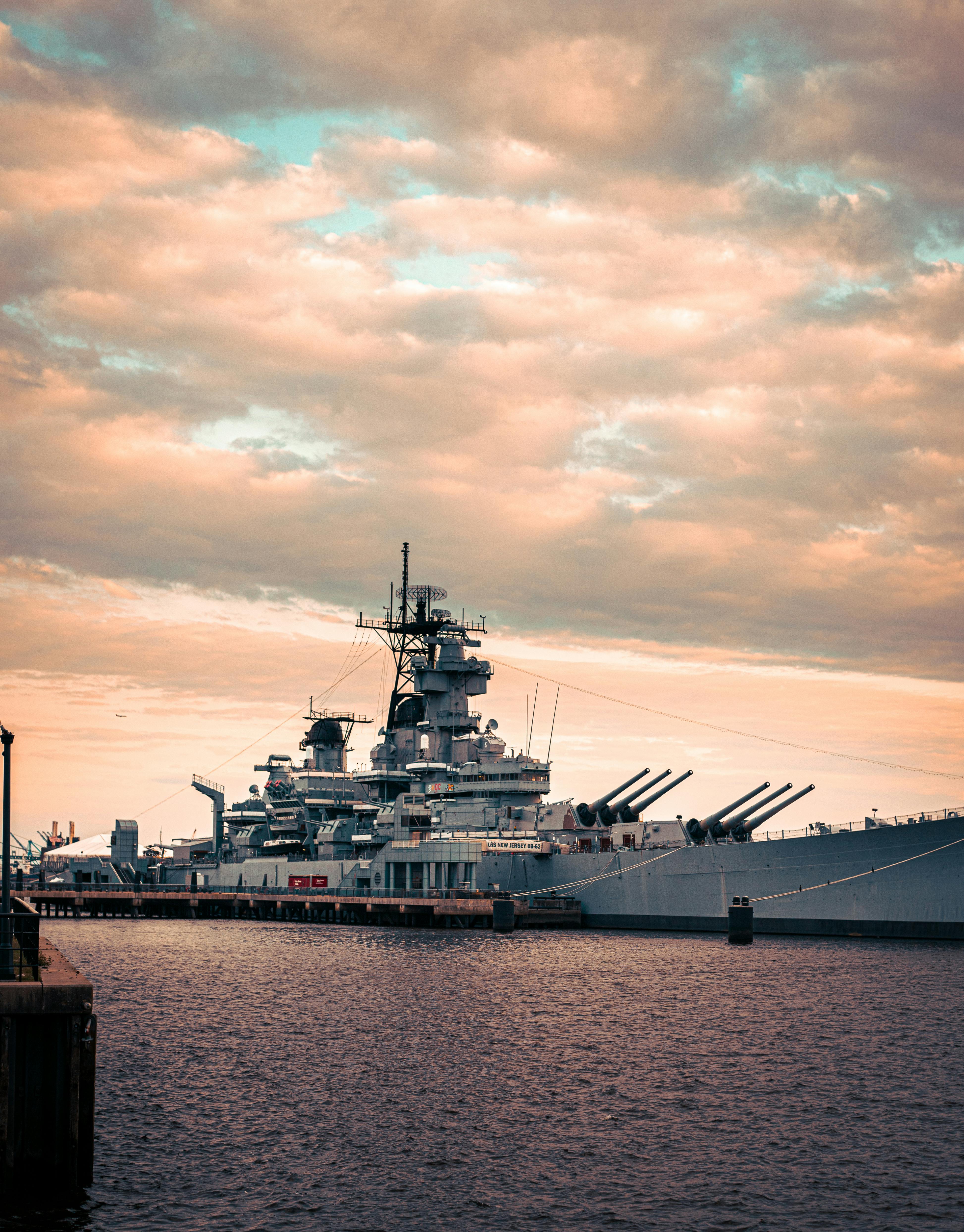 3893x4977 Warship in a Dock at Sunset · Free
