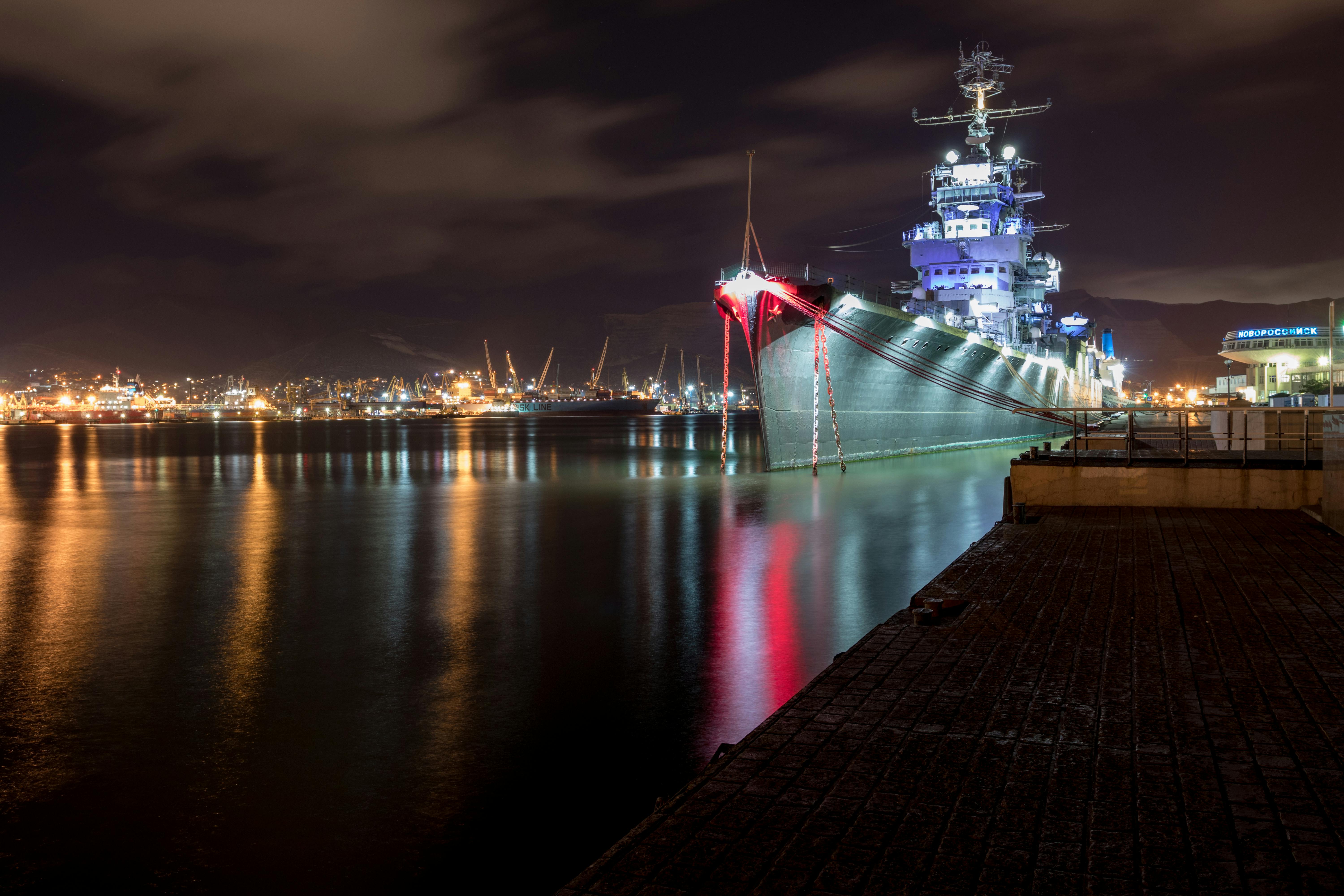 6000x4000 Illuminated Navy Ship at Night in Harbour in Novorossiysk, Russia · Free