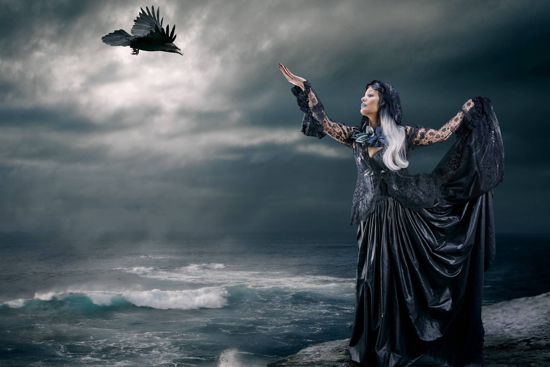 1920x1280 Download Goth Woman With A Crow Wallpaper