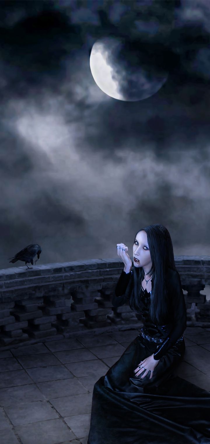 720x1520 Phone wallpaper: Dark, Women, Gothic, Raven, Fantasy, Moon 1333205