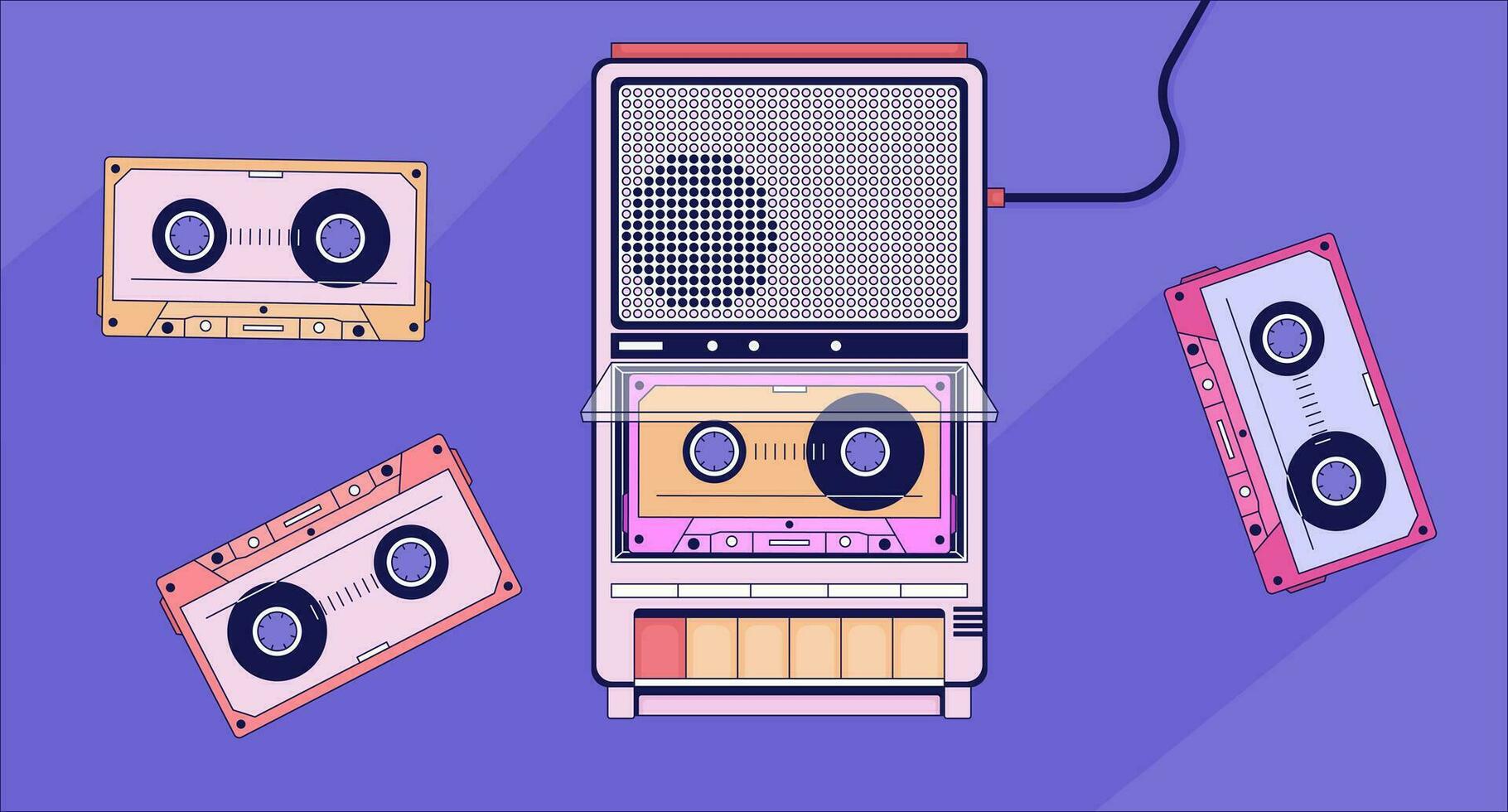 1820x980 Old fashioned player cassette tapes lofi wallpaper. Portable device vintage 2D objects cartoon flat illustration. Retro compact recorder music 80s chill vector art, lo fi aesthetic colorful background 32430523 Vector Art
