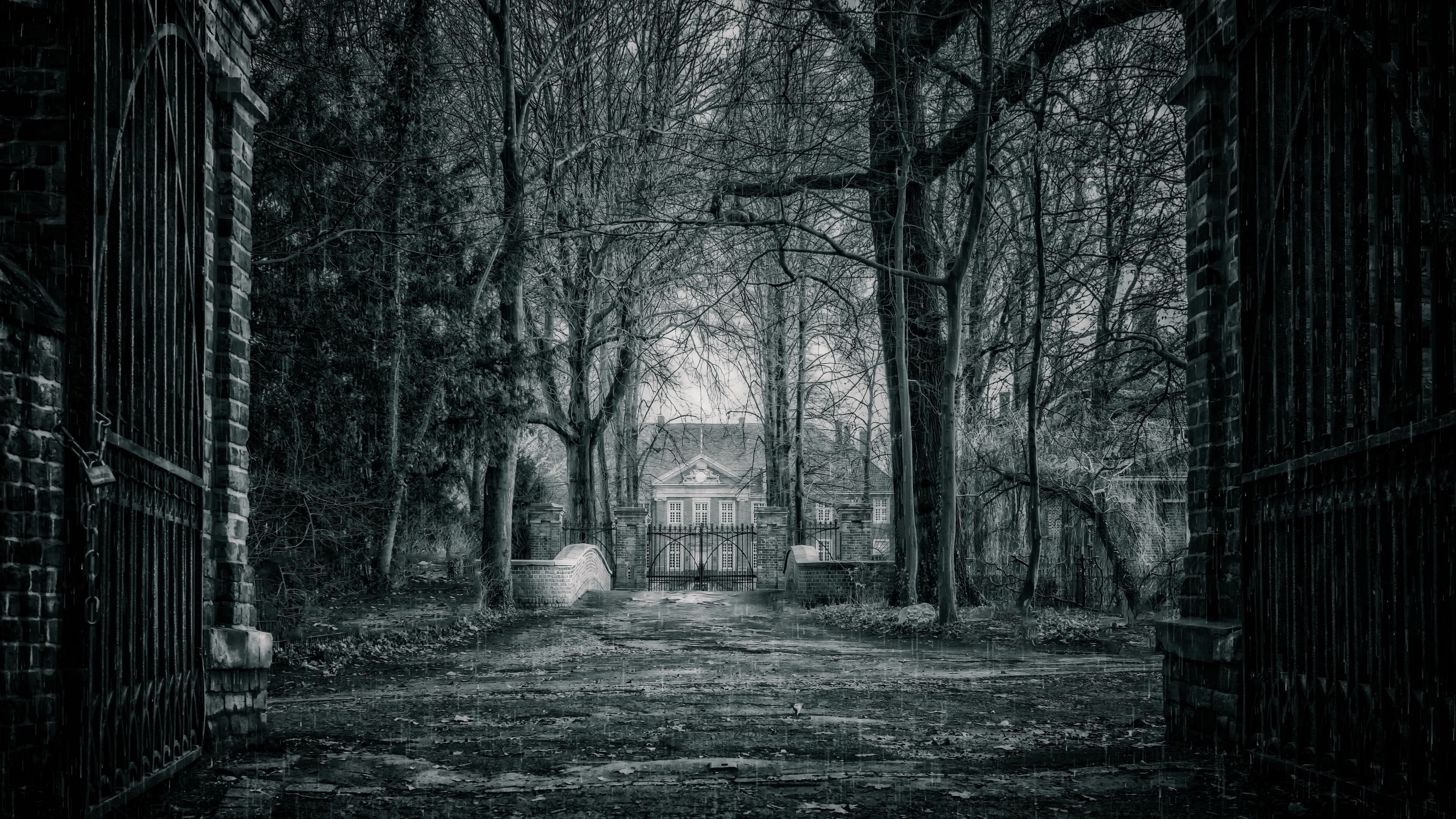 3840x2160 Download wallpaper 3840x2160 house, bw, rain, branches, fence, gate, mysterious, mystical 4k uhd 16:9 HD background