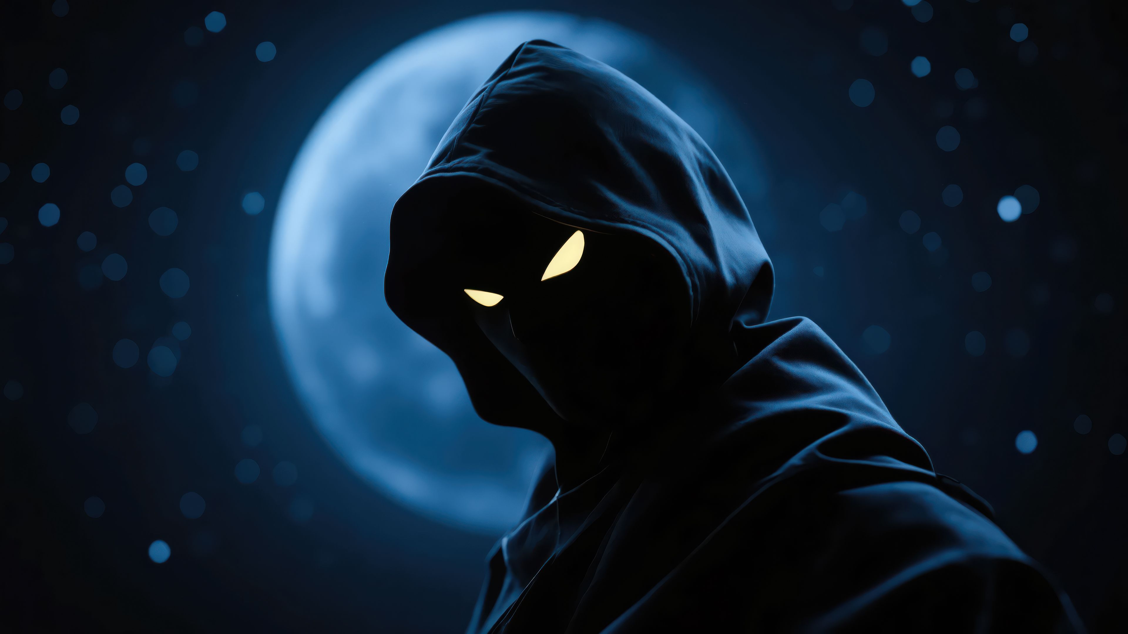 3840x2160 Mysterious Hooded Man Glowing Eyes Under Blue Moon Wallpaper, HD Artist Wallpaper, 4k Wallpaper, Image, Background, Photos and Picture