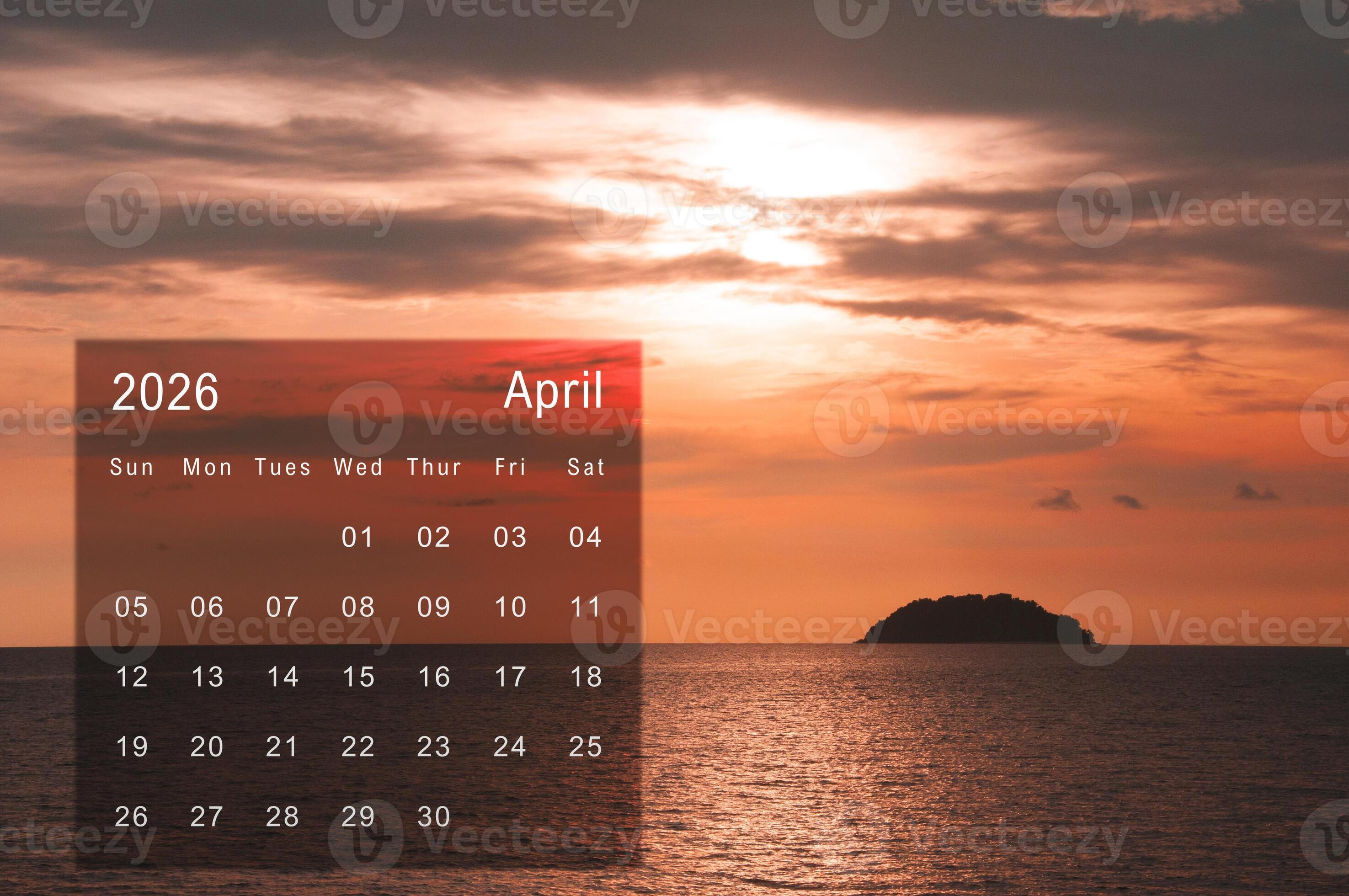 2951x1960 April 2026 calendar with wonderful sunset at beach
