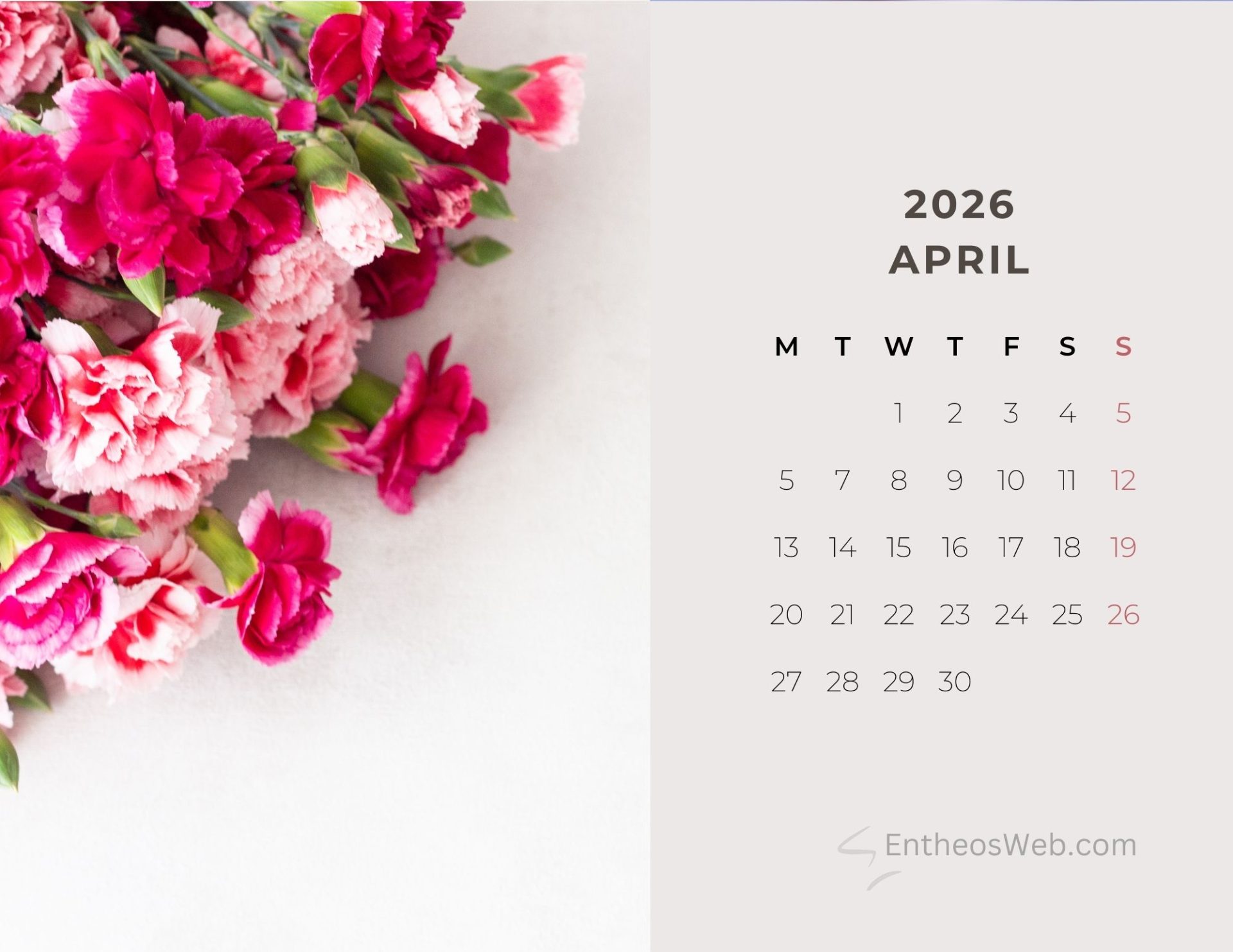 1920x1483 Beautiful Flowers 2026 Monthly Calendar Printable (Monday Start) EntheosWeb