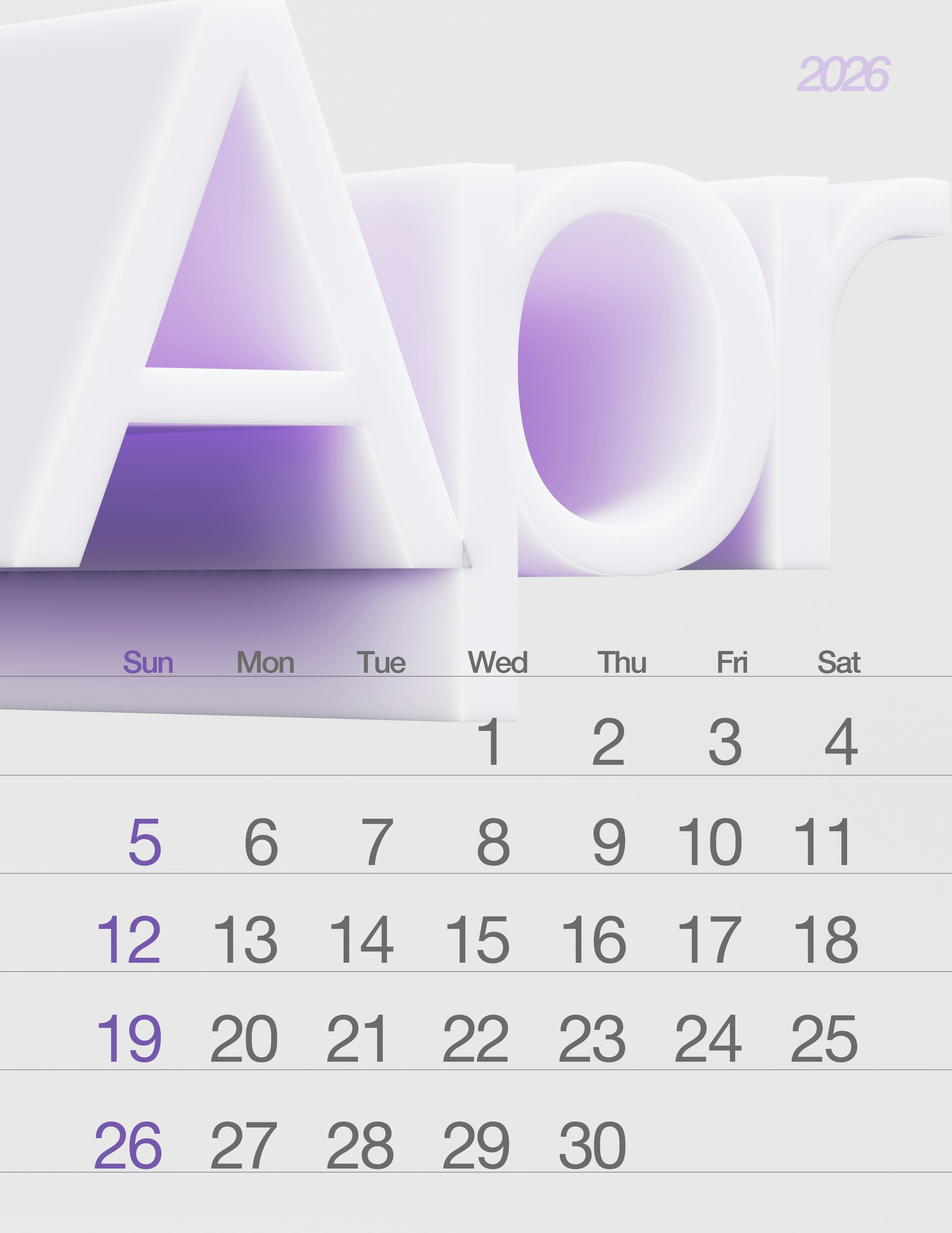 3000x3886 3D april calendar with pastel purple accents photo