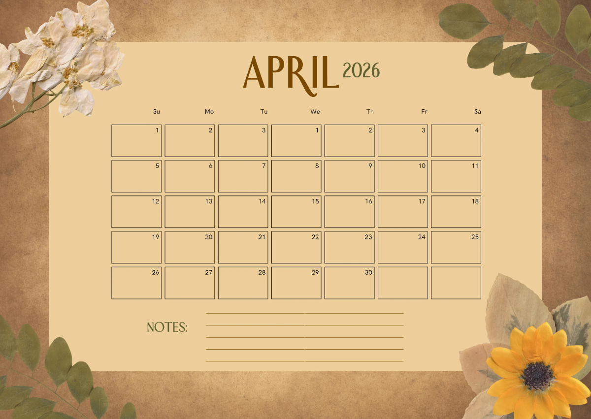 1200x851 Free Vintage April 2026 Calendar Template to Edit Online