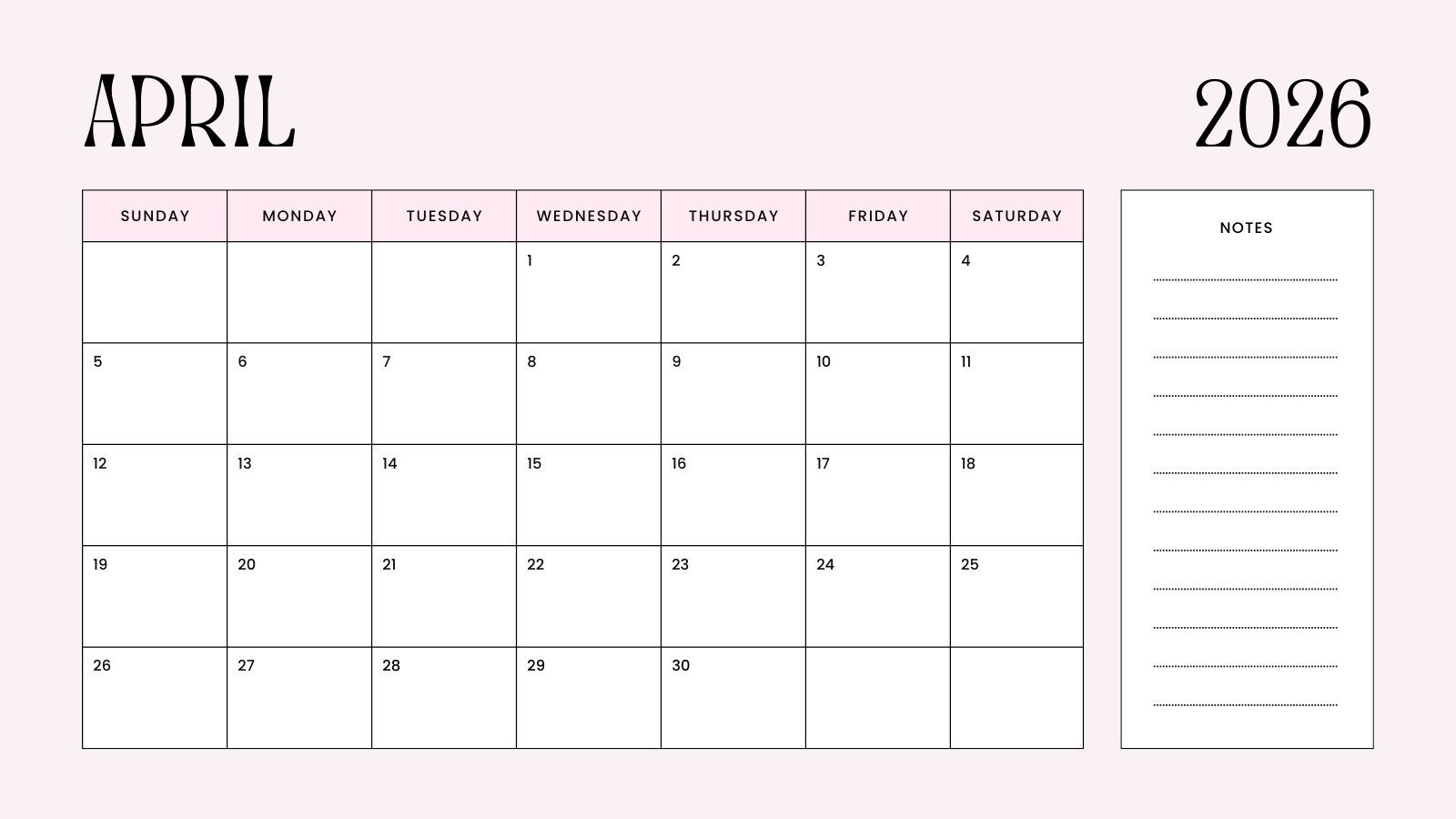 1600x900 Free and customizable April 2026 calendar templates